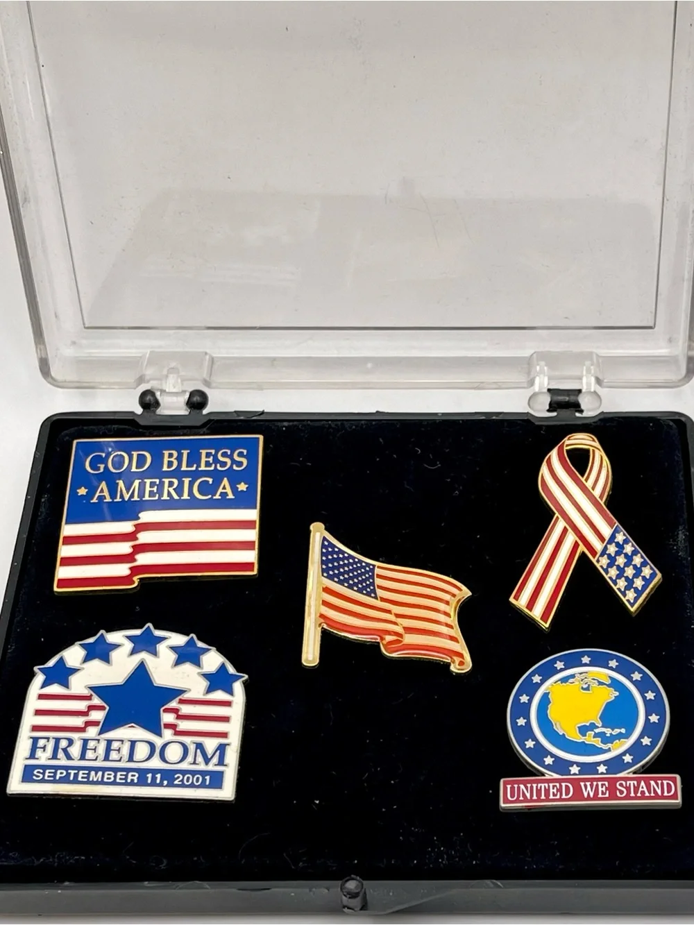 Vintage Patriotic 911 Remembrance Lapel Pin Set 5pc God Bless America Freedom